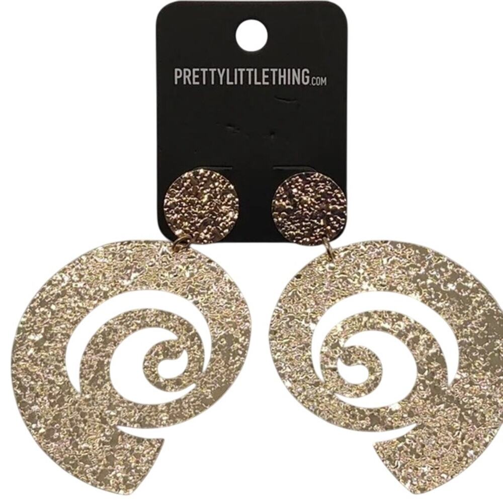 NWT PrettyLittleThing Gold Textured Swirl Disk Statement Earrings Drop Dangle - Picture 1 of 16